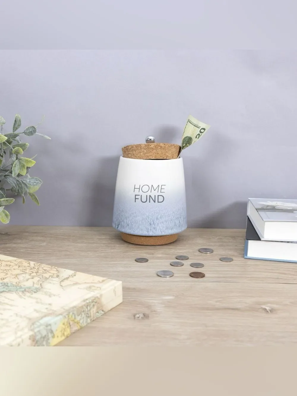 Home Fund Ceramic Money Jar - Blue & Cream Color Ombre - Cork Lid - Like New